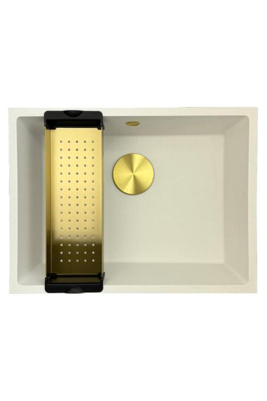 GraniteMy Universal гранитна бяла мивка 55x40 см бяла за вграждане, под вграждане и вграждане наравно със златна тапа 1208967155