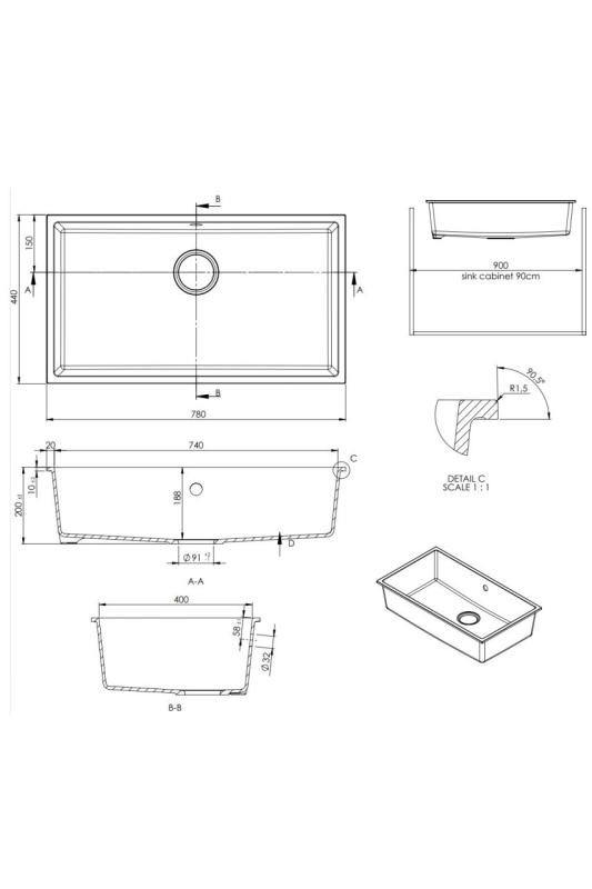 GraniteMy Универсална бяла мивка от гранит 74x40 cm, монтаж под, над и на нивото на плота, с черна цедка 1208967161