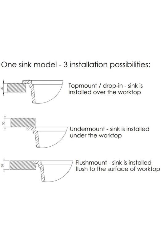 GraniteMy Универсална бяла мивка от гранит 74x40 cm, монтаж под, над и на нивото на плота, с медна цедка 1208967162