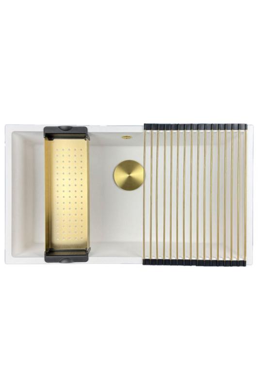 GraniteMy Универсална бяла мивка от гранит 74x40 cm, монтаж под, над и на нивото на плота, със златиста цедка 1208967163