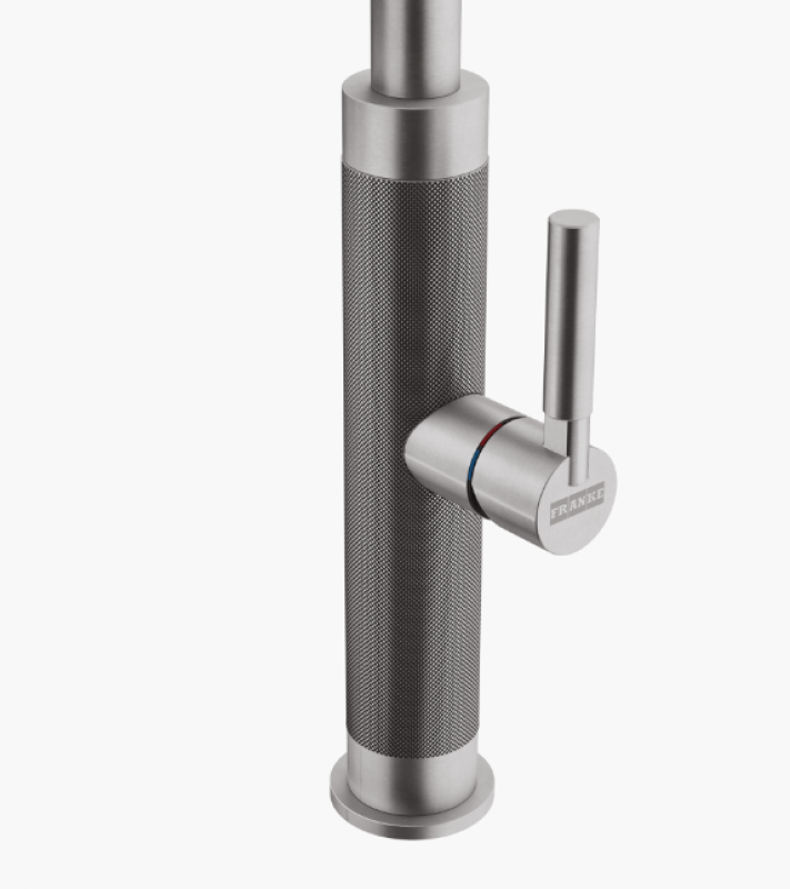 Кухненски смесител Franke Mythos Masterpiece от неръждаема стомана с J-образен чучур и издърпващ се накрайник - 115.0711.554