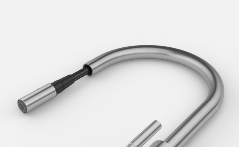 Кухненски смесител Franke Mythos Masterpiece от неръждаема стомана с J-образен чучур и издърпващ се накрайник - 115.0711.554