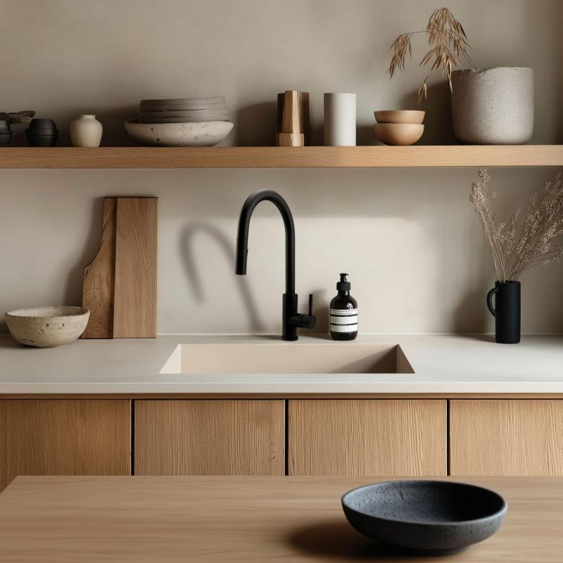 GraniteMy Universal Гранитна мивка в пясъчно бежово 40x40 cm, монтаж под, над и на нивото на плота, с медна цедка 1208967210