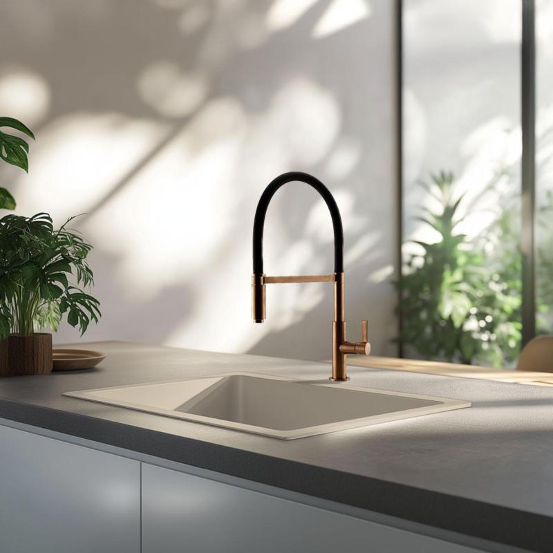 GraniteMy Universal Гранитна мивка в пясъчно бежово 50x40 cm, монтаж под, над и на нивото на плота, с медна цедка 1208967221