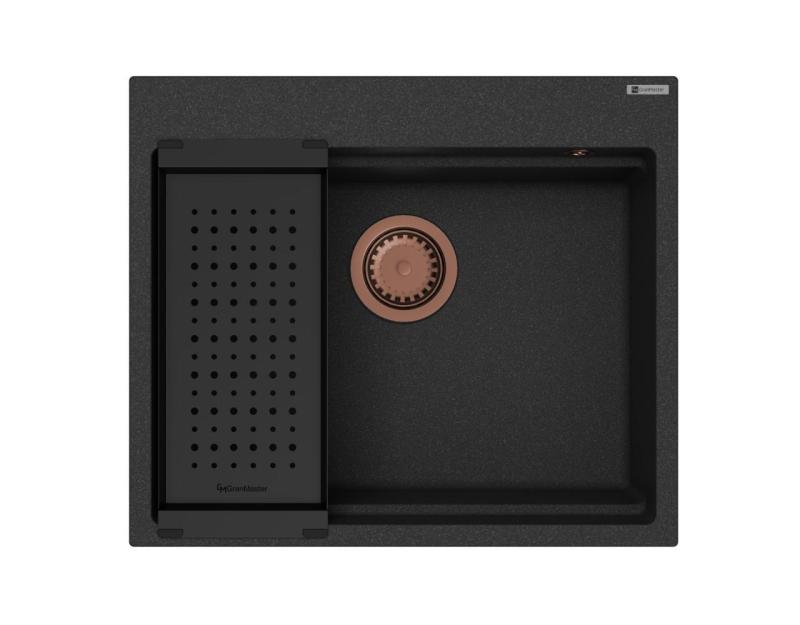 Гранитна мивка GraniteMy Steam 56x48 см, черна, за вграждане, с меден сифон и включени аксесоари 1208967234