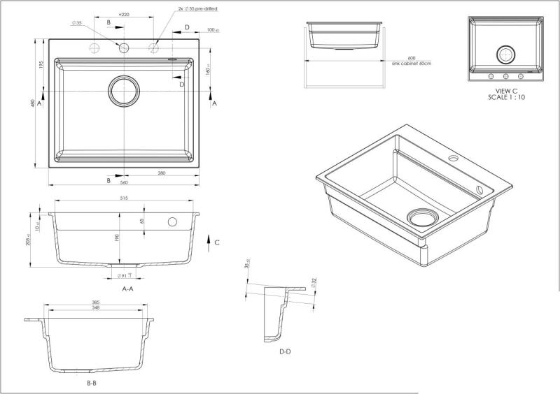 Гранитната ми мивка от гранит GraniteMy, размери 56x48 см, черна, за монтаж върху плот, със златна тапа, включително аксесоари 1208967235