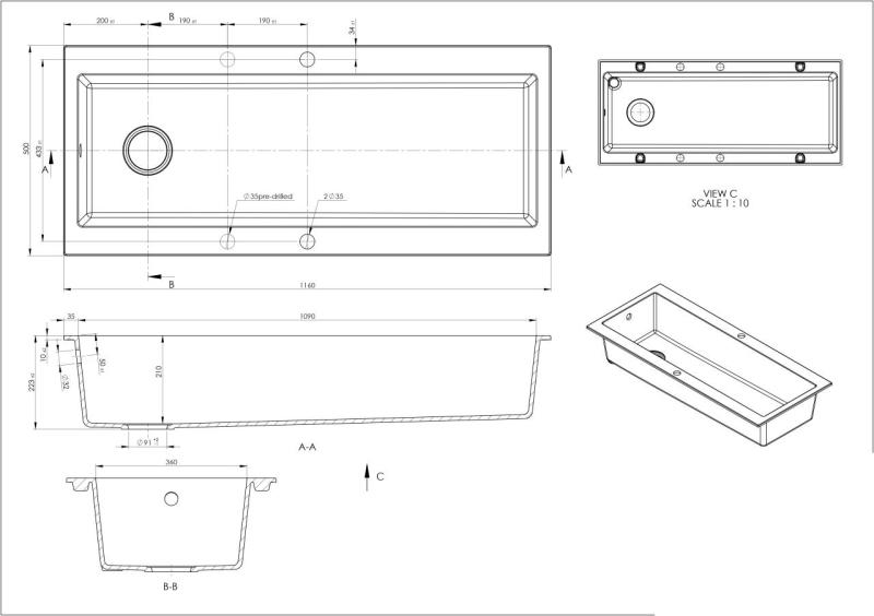 GraniteMy Trog голяма черна гранитна мивка 116x50 см черна, върху плот с отвор за смесител, с черен сифон 1208967237