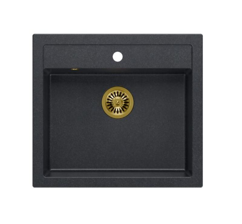 Quadri Farmhouse селска мивка от гранит за вграждане или на плот антрацит с позлатен сифон 595x540mm 1208967267