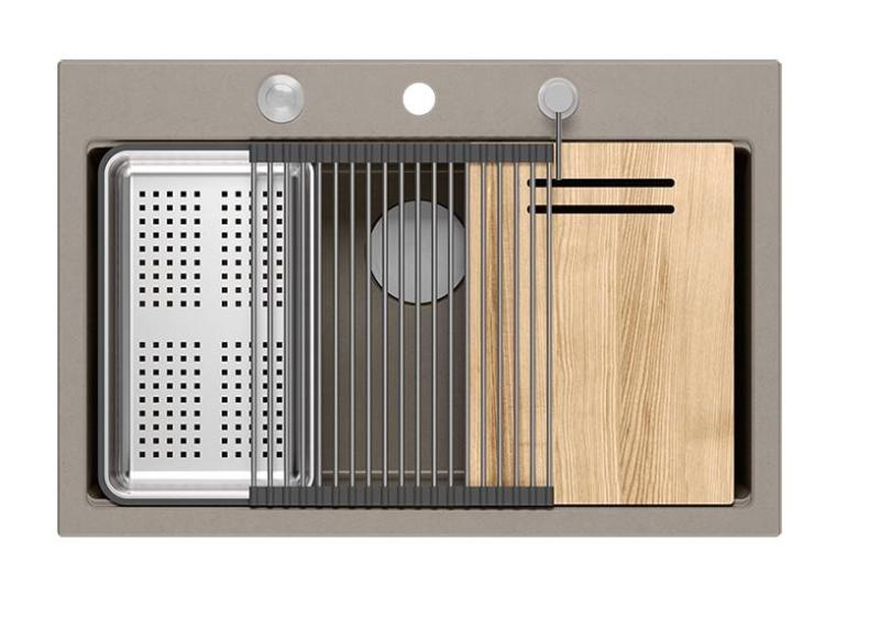 Квадри Hard Rock таупе гранитна мивка за монтаж с размери 76x50 см, включително неръждаема тапа и аксесоари 1208967270