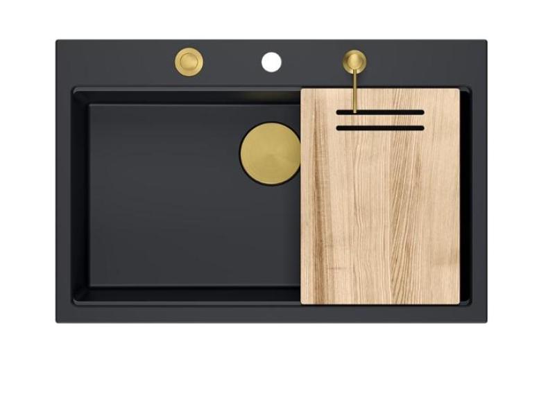 Куадри Хард Рок матиран черен гранитен мивка 76x50 см, включително златен сифон и аксесоари 1208967277.