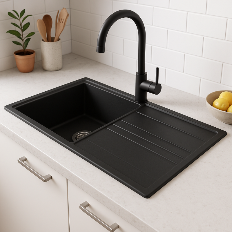 ГранитMy Веси гранитен монтажен черен мивка 86x50cm с оттичане, обратим със стоманен чеп 1208967279