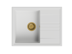 GraniteMy Веси гранитна горна бяла мивка 64x50см с отцеждаща обратима златна (четкан месинг) тапа 1208967300