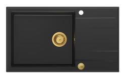 Quadri Luton черна гранитна голяма мивка с отцедник, обратима, 86x50см с златна тапа 1208967327
