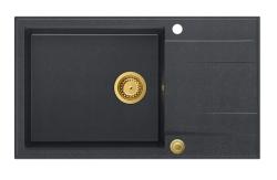 Куадри Лутън антрацит гранитна голяма мивка за вграждане с отцедник, обратима, 86x50см, със златна тапа 1208967334