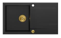 Куадри Лутон черна гранитна мивка с отцедник, реверсивна, 86x50 см, със златна тапа 1208967336