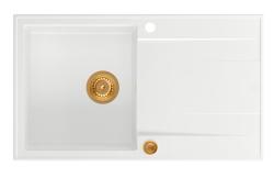 Куадри Лутън бяла гранитна мивка с отцедник, обратима, 86x50см, с медна тапа 1208967339