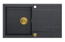 Куадри Лутон антрацит гранитна мивка с отцедник, обратима, 86x50 см, със златна тапа 1208967344