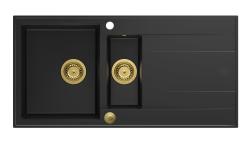Куадри Лутон черен гранитен мивка с едно и половина корито и отцедник, обръщаем, 100x50см със златна тапа 1208967346
