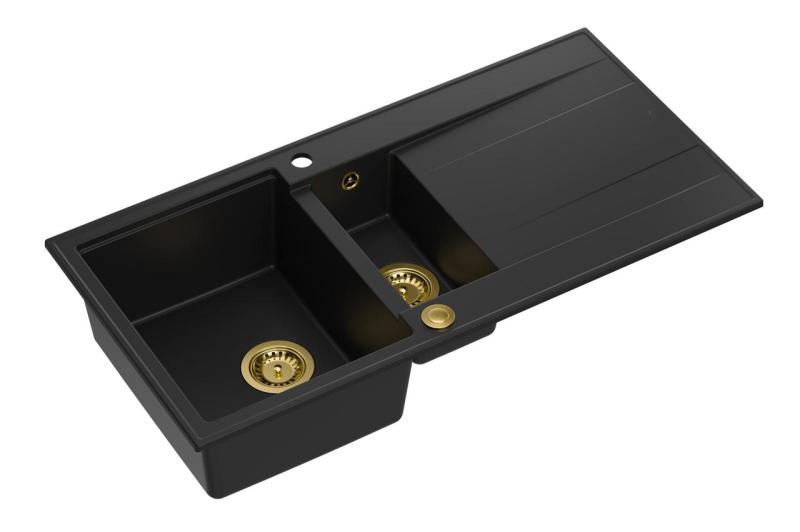 Куадри Лутон черен гранитен мивка с едно и половина корито и отцедник, обръщаем, 100x50см със златна тапа 1208967346
