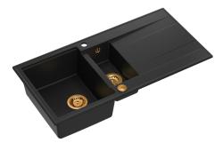Quadri Luton черна гранитна мивка за вграждане 1,5 корита с отцедник, обръщаема, 100x50 см, с меден сифон 1208967347