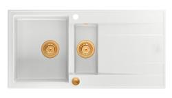 Куадри Лутон бяла гранитна мивка за вграждане с 1,5 корита и отцедник, обръщаема, 100x50см, с медна тапа 1208967349