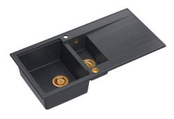 Quadri Luton антрацитен гранитен мивка за монтаж върху плот 1,5 корита с отцедник, обръщаема, 100x50см, с меден сифон 1208967355