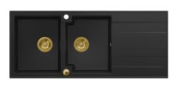 Куадри Лутон двоен мивка от гранит с черен цвят с отцедник 116x50 см със златен сифон 1208967356