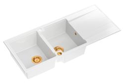 Куадри Лутон двойна мивка от гранит бяла с отцедник 116x50 см с медна тапа 1208967359