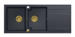 Куадри Лутон кухненска мивка с двойна гранитна мивка, антрацит, с отцедник, 116x50 cm, със златен сифон, 1208967364