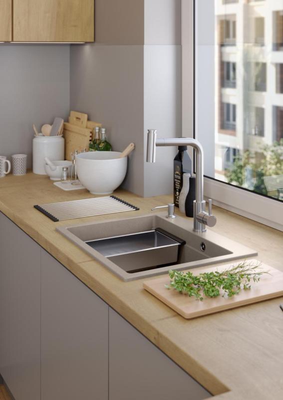 Квадри Дърхам гранитен мивка в таупе цвят 595x500 с диспенсър за сапун, дъска за рязане, вложена мивка и ролков подложка 1208967376