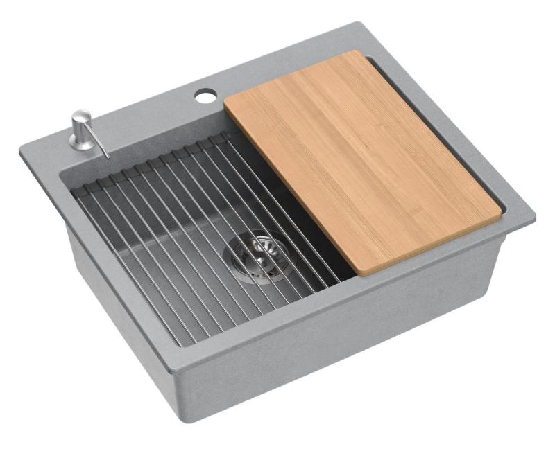 Quadri Durham сив гранитен монтажен мивка 595x500 с дозатор за сапун, дъска за рязане, вложена мивка и ролка 1208967378