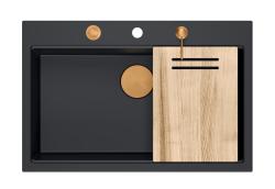 Quadri Hard Rock mat черна гранитна мивка с размери 76x50см, включително меден сифон и аксесоар 1208967423