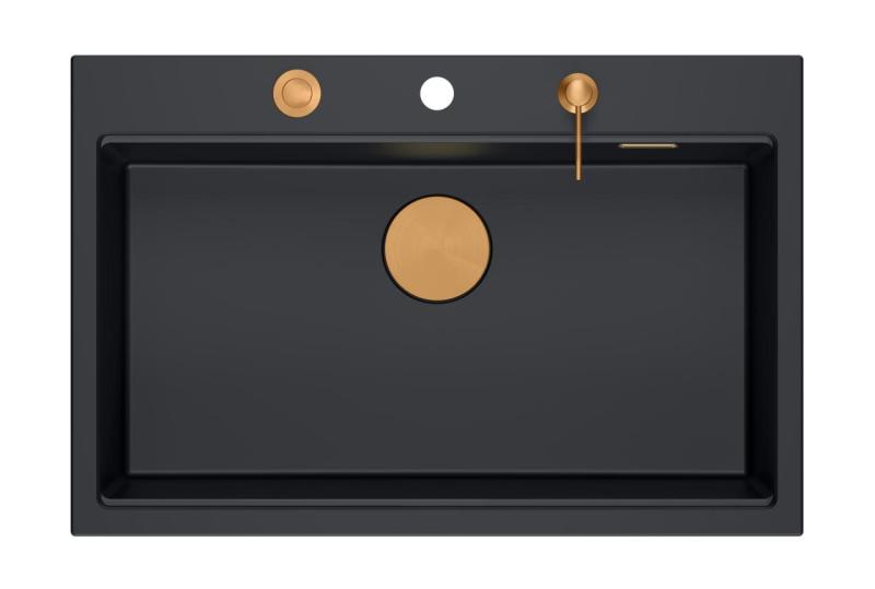 Quadri Hard Rock mat черна гранитна мивка с размери 76x50см, включително меден сифон и аксесоар 1208967423