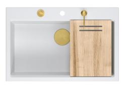 Quadri Hard Rock бяла гранитна мивка за монтаж 76x50см, включваща златна тапа и аксесоари 1208967424