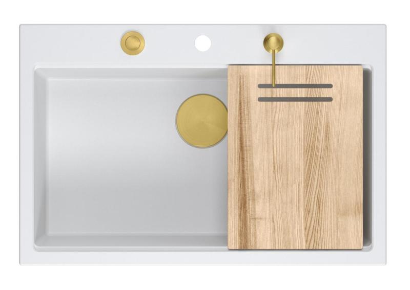 Quadri Hard Rock бяла гранитна мивка за монтаж 76x50см, включваща златна тапа и аксесоари 1208967424