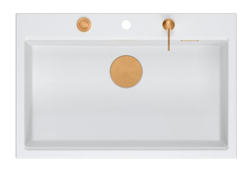 Куадри Хард Рок бяла гранитна мивка за монтаж 76x50см, включително меден тапа и аксесоари 1208967428