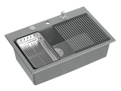 Куадри Хард Рок сива гранитна мивка за монтаж 76x50см, включително неръждаема тапа и аксесоари 1208967430