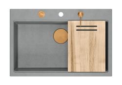 Куадри Хард Рок сива гранитна мивка за монтаж с голяма мивка 76x50см, включително медна тапа и аксесоари 1208967435