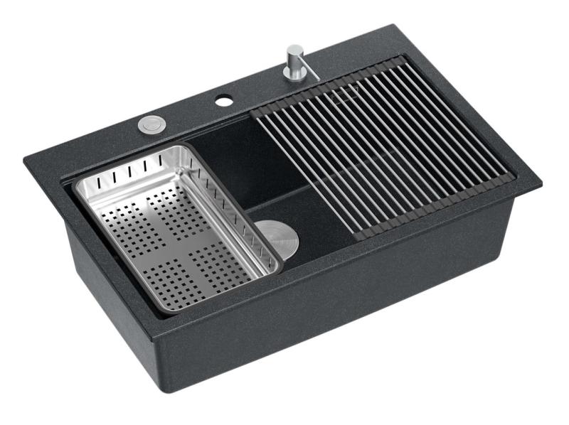 Quadri Hard Rock антрацит гранитна мивка за монтаж върху плот с размери 76x50 см, включително неръждаема тапа и аксесоари 1208967442