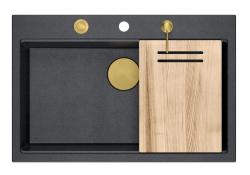 Куадри Хард Рок антрацит гранитна мивка за монтаж 76x50cm, включително златна тапа и аксесоари 1208967444