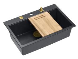 Куадри Хард Рок антрацит гранитна мивка за монтаж 76x50cm, включително златна тапа и аксесоари 1208967444