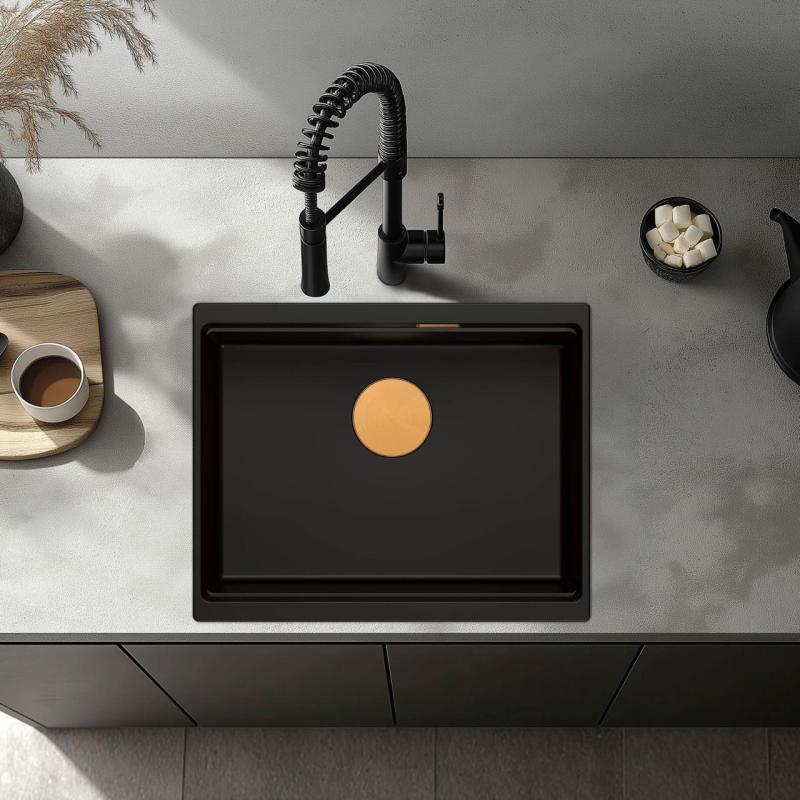 Куадри Нюпорт II гранитна мивка за вграждане в черно, размери 560x450 мм, с меден капак и тапа 1208967450