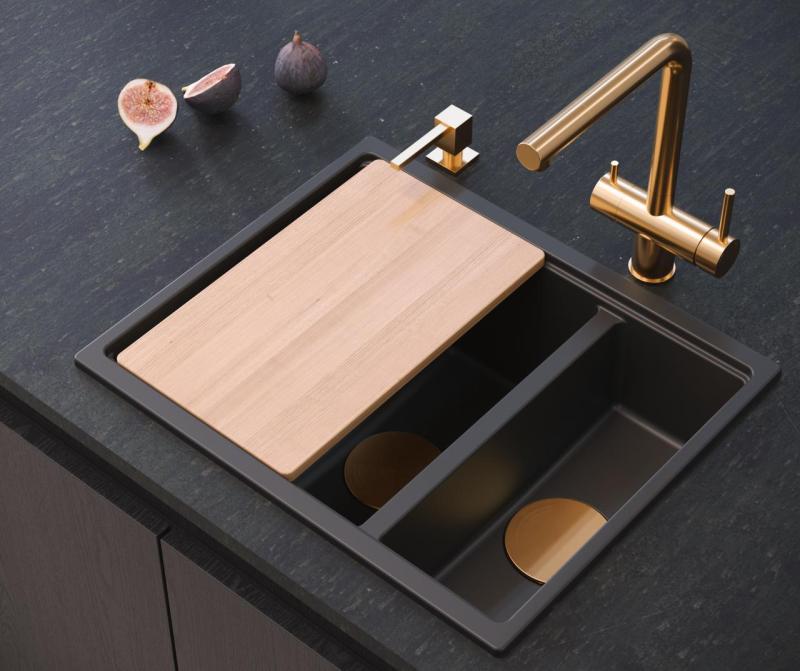 Quadri Newport II черен 1,5 мивка от гранит за вграждане и под плот мивка 555x460mm с меден сифон 1208967465