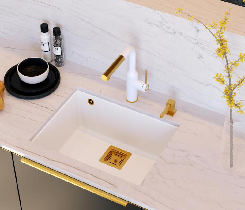 Квадри Квадратен бял гранитен подмонтиран мивка 55x42см с медна тапа 1208967478