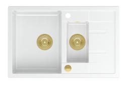 Quadri Brenton бяла гранитна мивка с едно и половина корито и отцедник 78x50см със златен сифон 1208967551