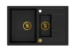 Куадри Брентон черна гранитна мивка с една и половина корита и отцедник 78x50 см със златен сифон 1208967554