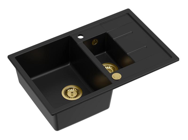 Куадри Брентон черна гранитна мивка с една и половина корита и отцедник 78x50 см със златен сифон 1208967554