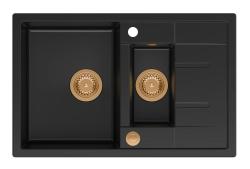 Quadri Brenton черна гранитна мивка с едно и половина корито и отцедник 78x50см с медна тапа 1208967555