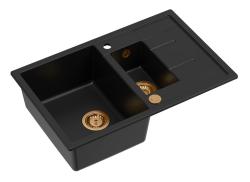 Quadri Brenton черна гранитна мивка с едно и половина корито и отцедник 78x50см с медна тапа 1208967555