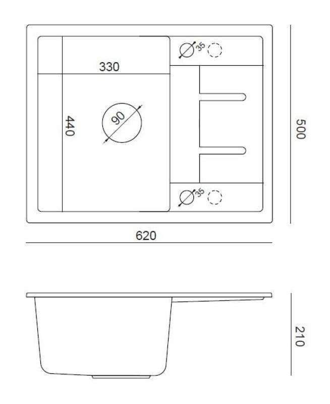 Куадри Далтон бяла гранитна мивка за вграждане с отцедник 62x50см с меден сифон 1208967575
